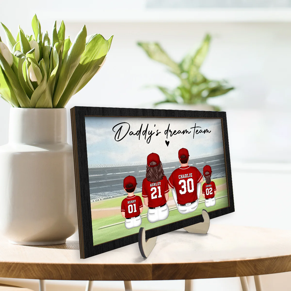 Daddy's Team Baseball Family Sitting Personalized 2-Layer Wooden Plaque, Gift For Dad, Grandpa, Husband - Image 3