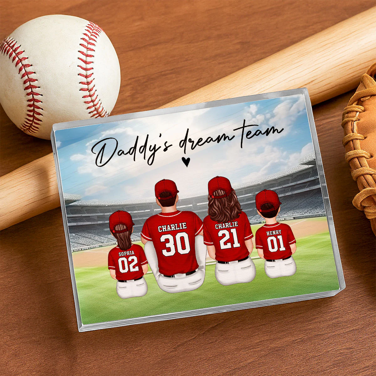 Daddy's Team Baseball Family Sitting Personalized Acrylic Block, Unique Gift for Dad, Gift for Husband - Image 3