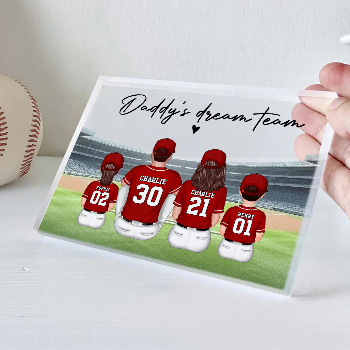 Daddy's Team Baseball Family Sitting Personalized Acrylic Block, Unique Gift for Dad, Gift for Husband - Image 5