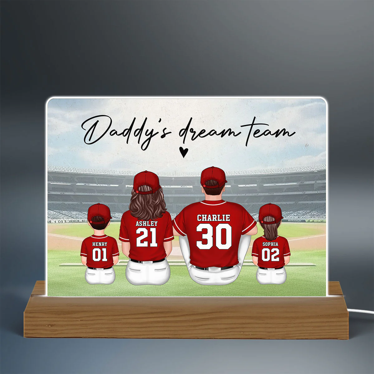 Daddy's Team Baseball Family Sitting Personalized Acrylic LED Night Light, Father's Day Gift For Dad, Grandpa, Husband - Image 2