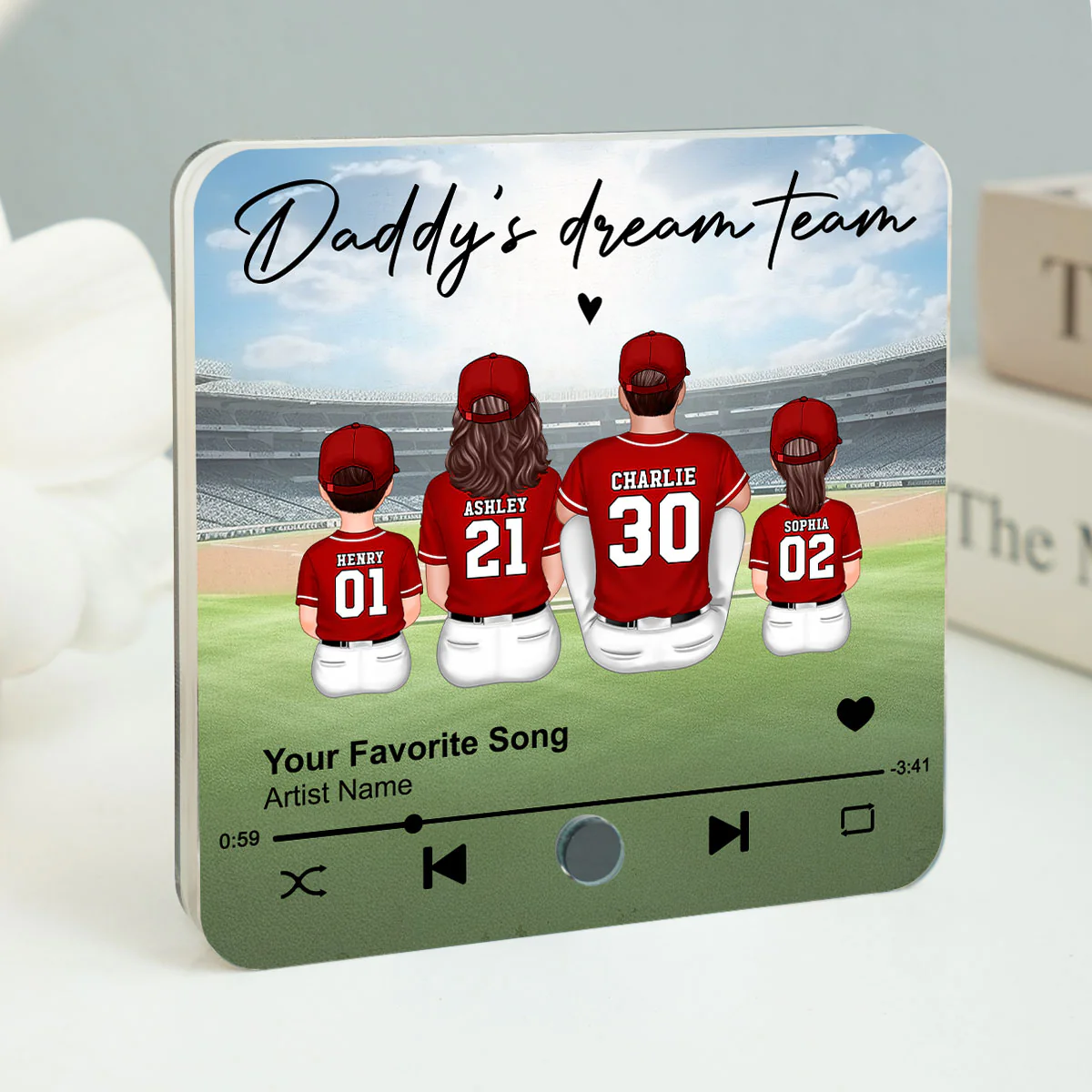 Daddy's Team Baseball Family Sitting Personalized Personalized Music Fridge Magnet, Heartfelt Gift For Dad - Image 2