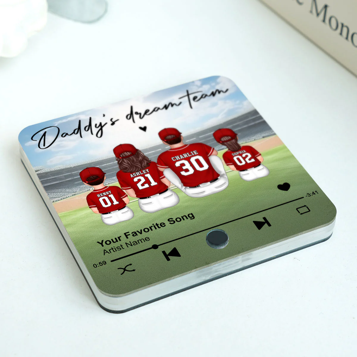 Daddy's Team Baseball Family Sitting Personalized Personalized Music Fridge Magnet, Heartfelt Gift For Dad - Image 3