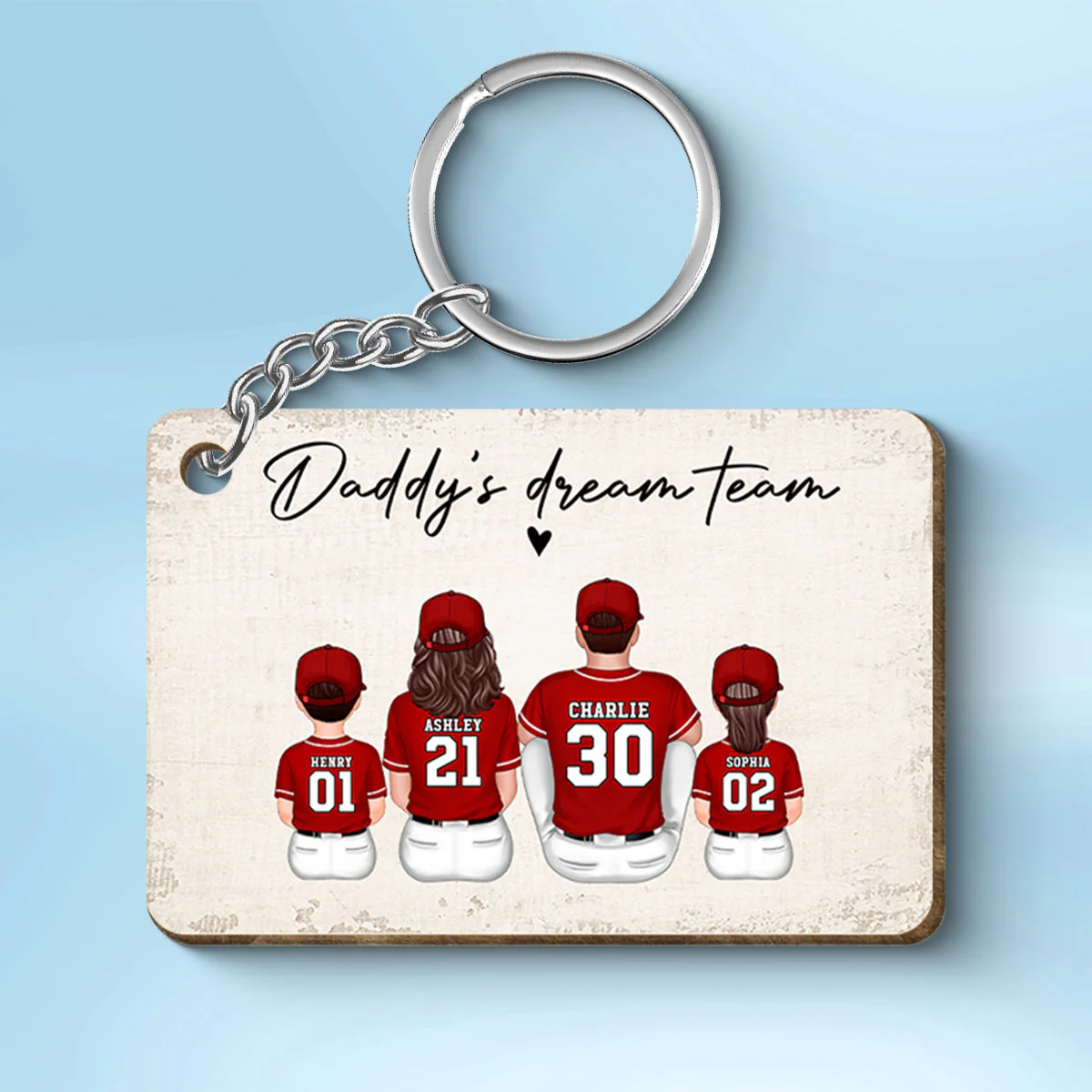 Daddy's Team Baseball Family Sitting Personalized Wooden Keychain, Father's Day Gift For Dad, Grandpa, Husband - Image 2