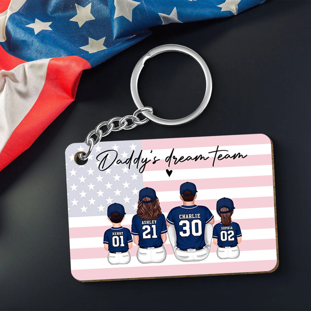 Daddy's Team Baseball Family Sitting Personalized Wooden Keychain, Father's Day Gift For Dad, Grandpa, Husband - Image 3