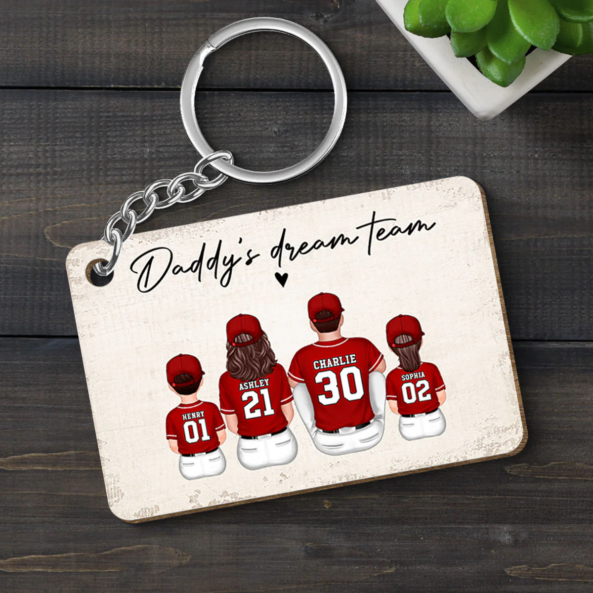 Daddy's Team Baseball Family Sitting Personalized Wooden Keychain, Father's Day Gift For Dad, Grandpa, Husband - Image 5