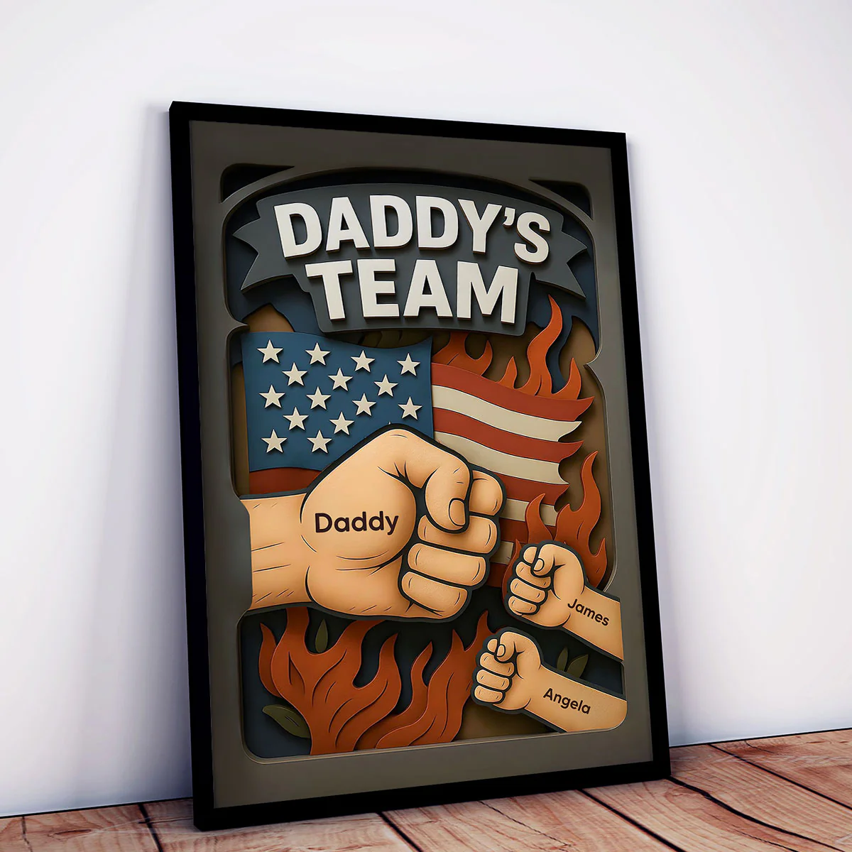 Daddy's Team Fist Bump 3D Effect Layered Personalized Poster, Father's Day Gift for Dad - Image 2
