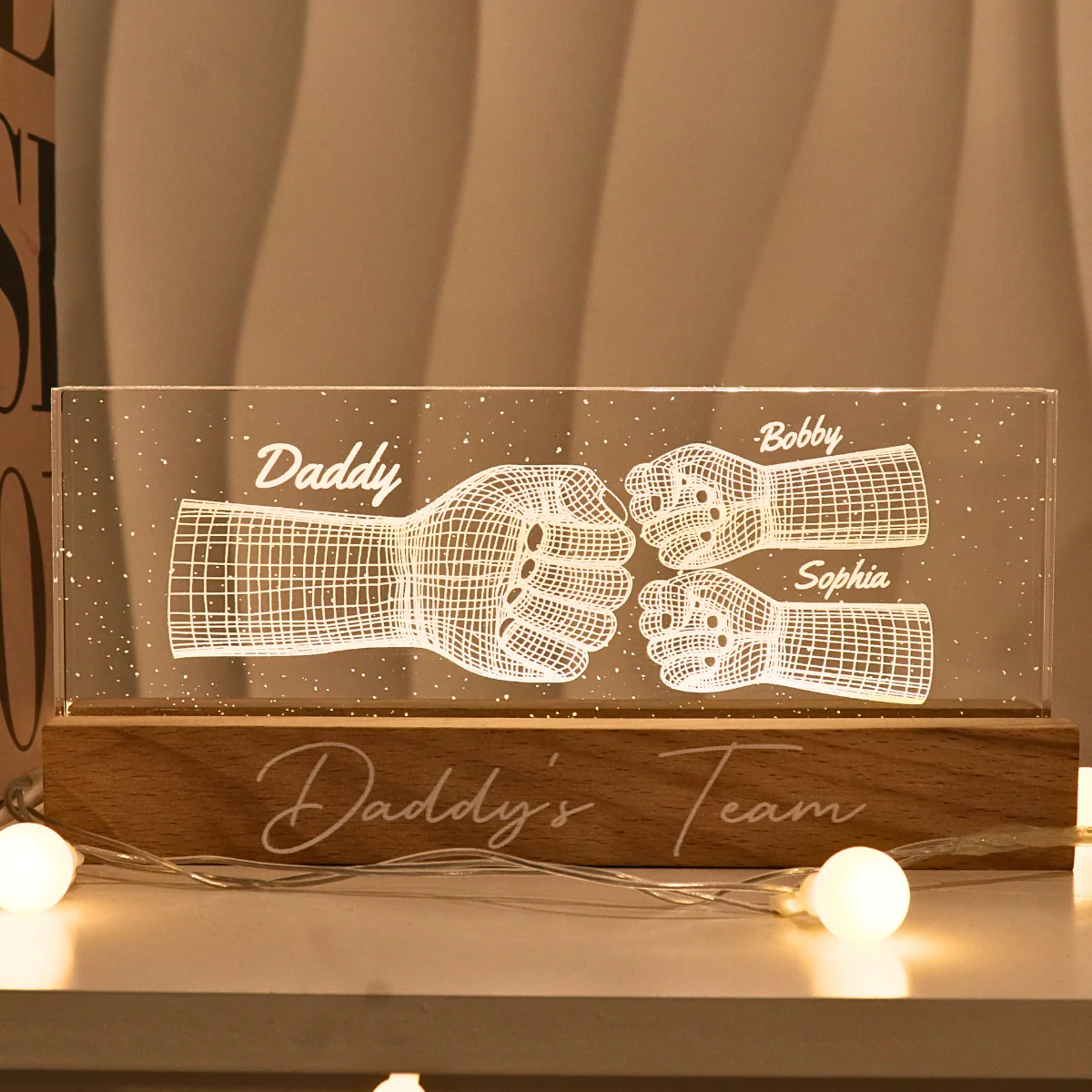 Daddy‘s Team Fist Bump 3D Illusion Personalized Acrylic Block LED Night Light