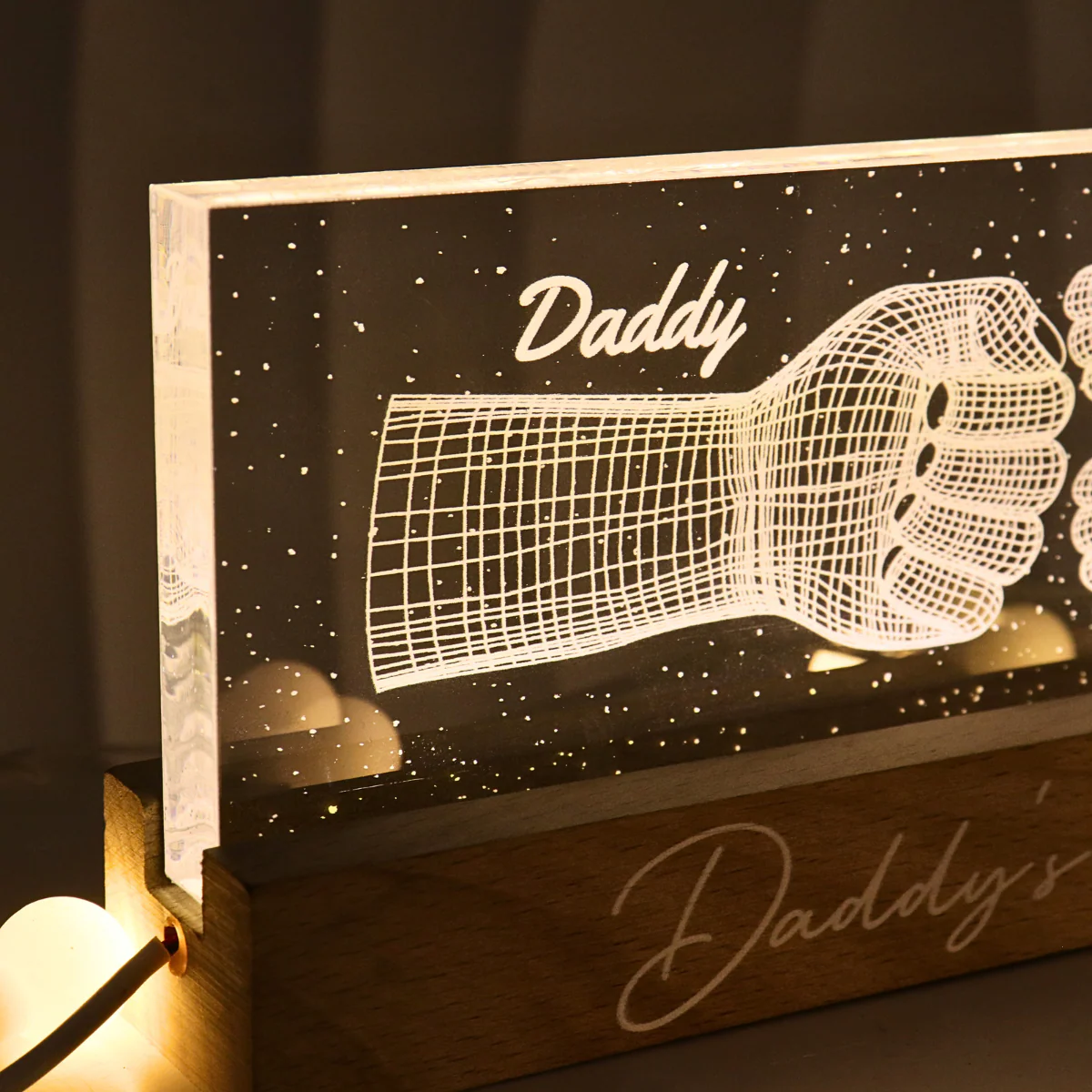 Daddy‘s Team Fist Bump 3D Illusion Personalized Acrylic Block LED Night Light - Image 2