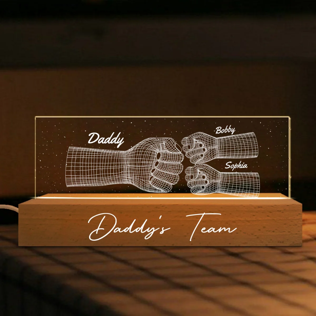 Daddy‘s Team Fist Bump 3D Illusion Personalized Acrylic Block LED Night Light - Image 6