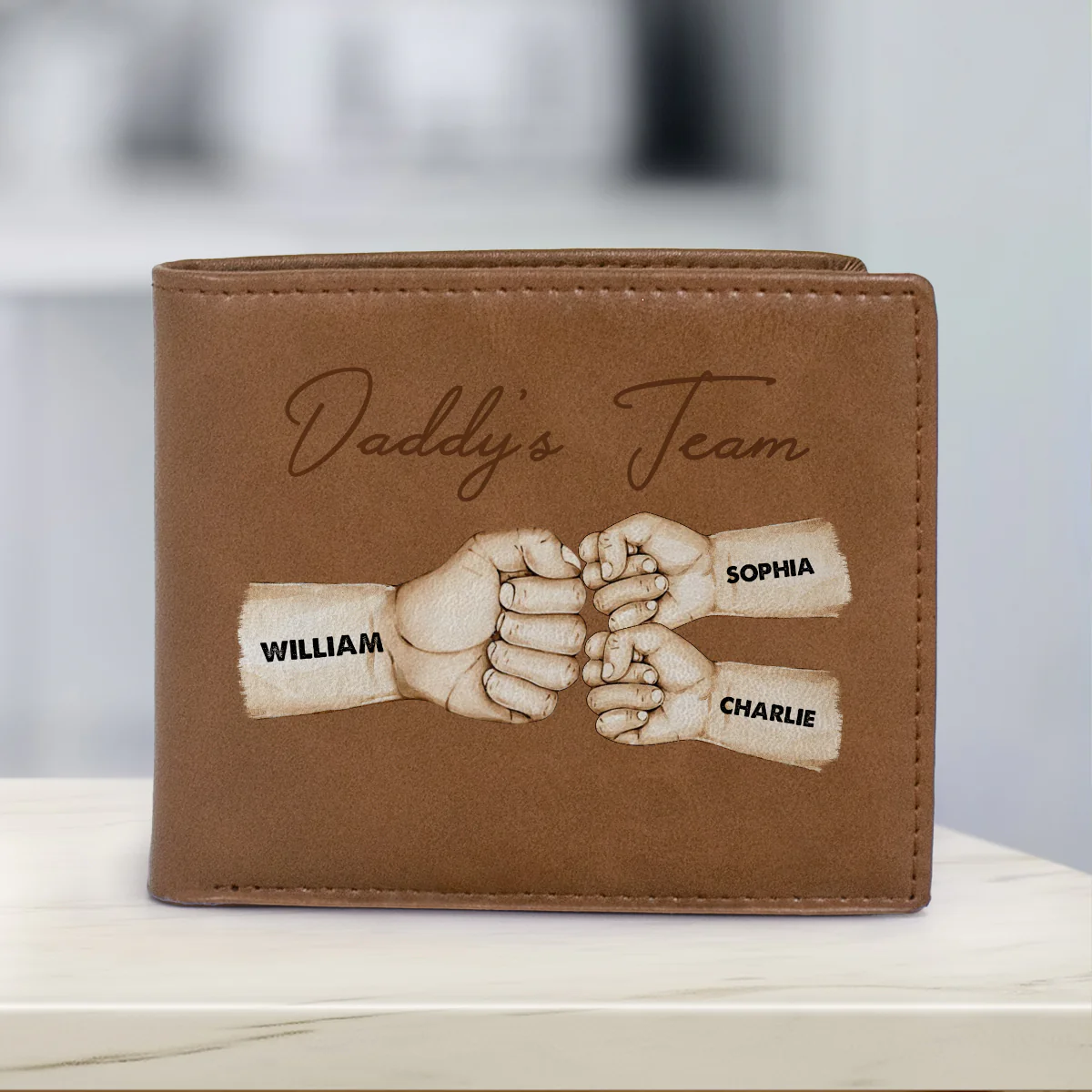 Daddy‘s Team Fist Bump Best Dad Ever Personalized Printed Leather Wallet, Gift For Husband, Dad - Image 4