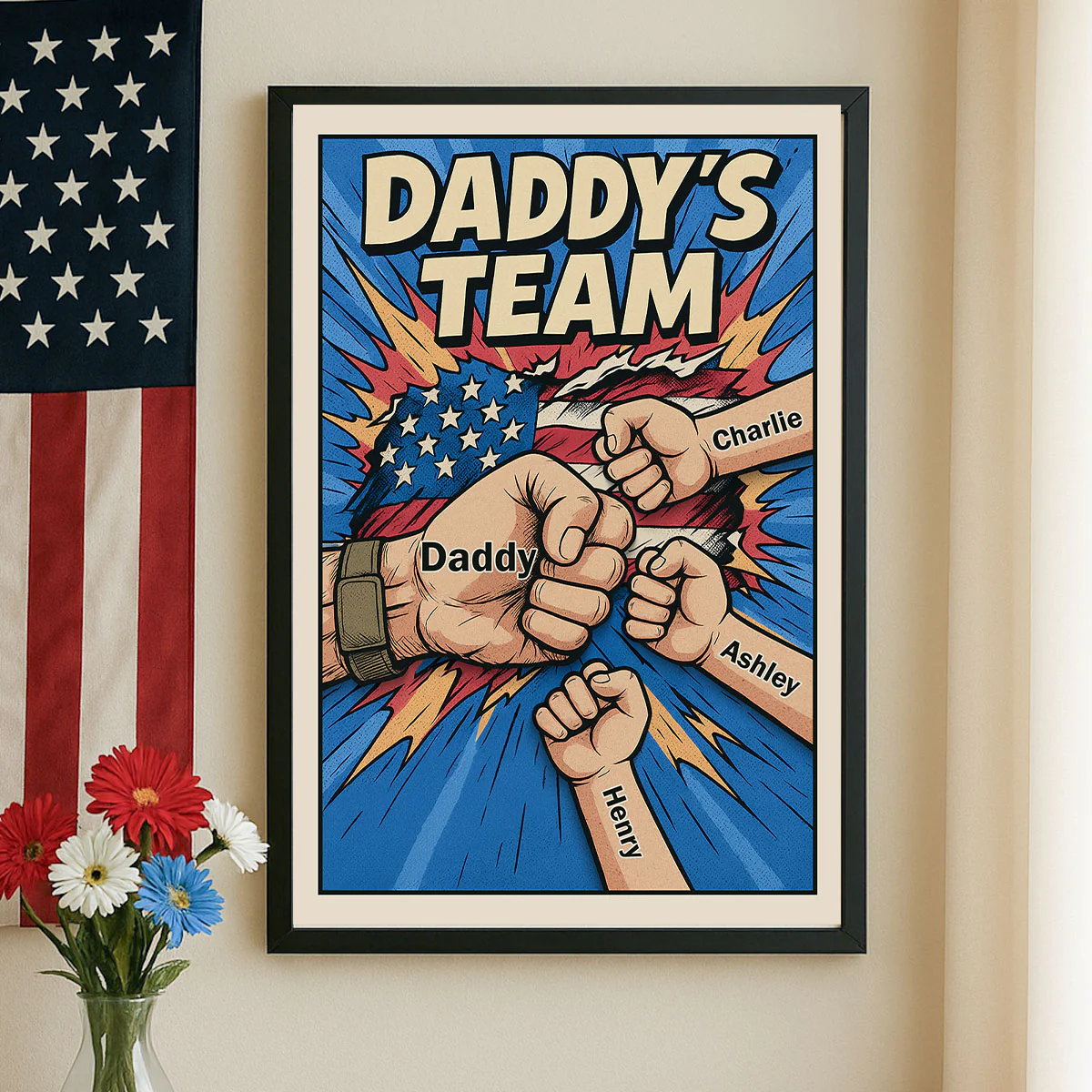 Daddy's Team Fist Bump Comic-Style Action Personalized Poster, Father's Day Gift for Dad - Image 2