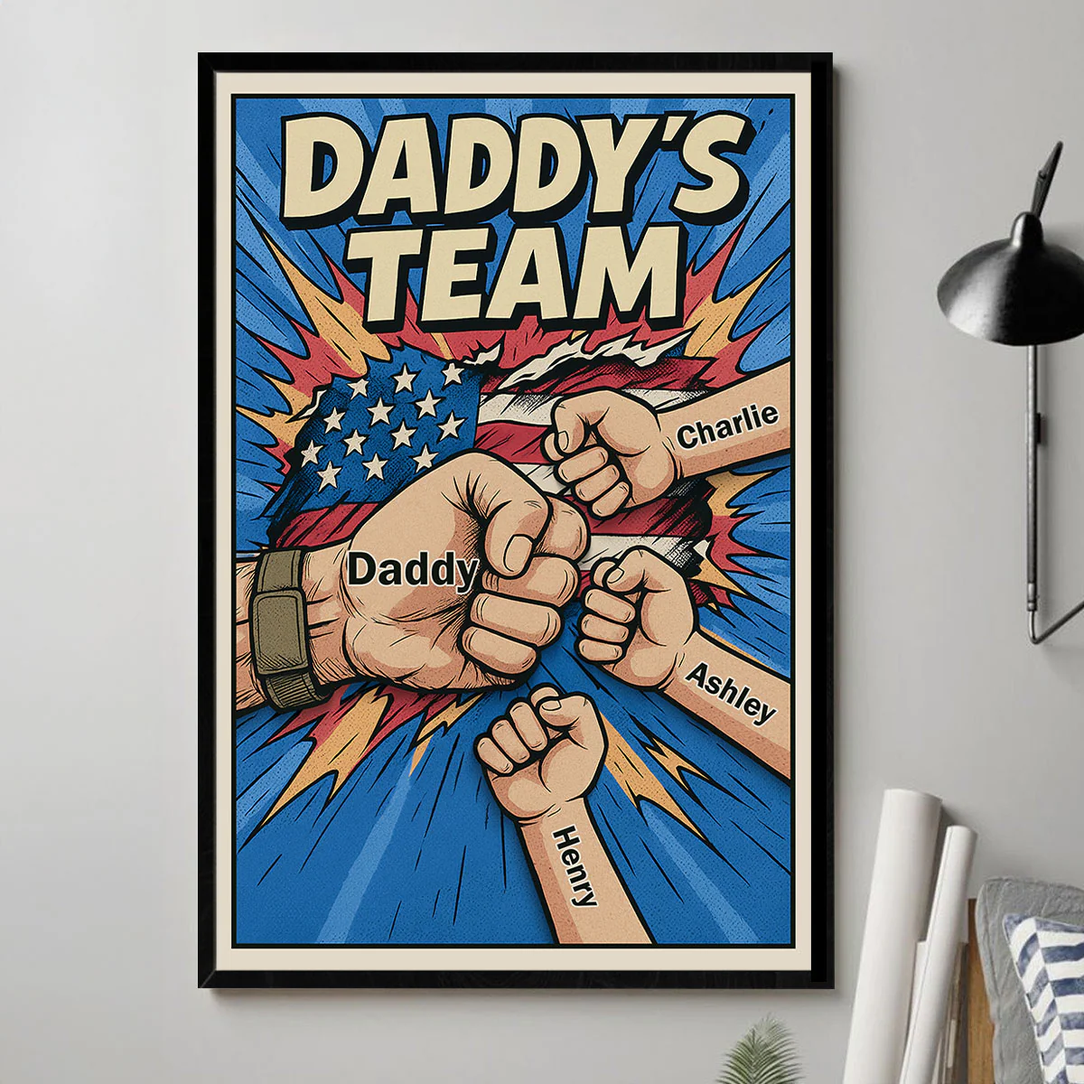 Daddy's Team Fist Bump Comic-Style Action Personalized Poster, Father's Day Gift for Dad - Image 3