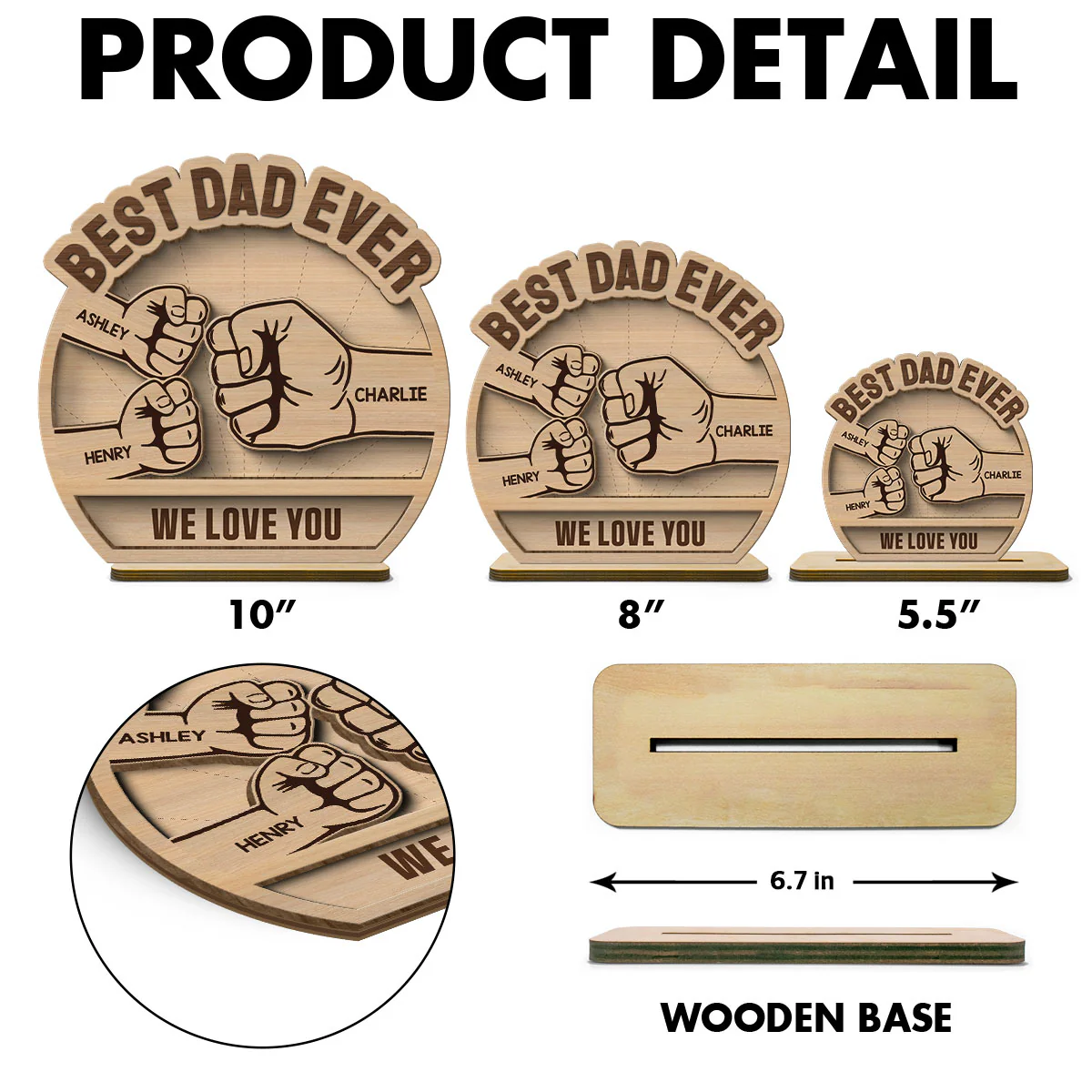 Daddy‘s Team Fist Bump Father’s Day Gift For Husband Dad Personalized 2-Layer Standing Wooden Plaque - Image 6