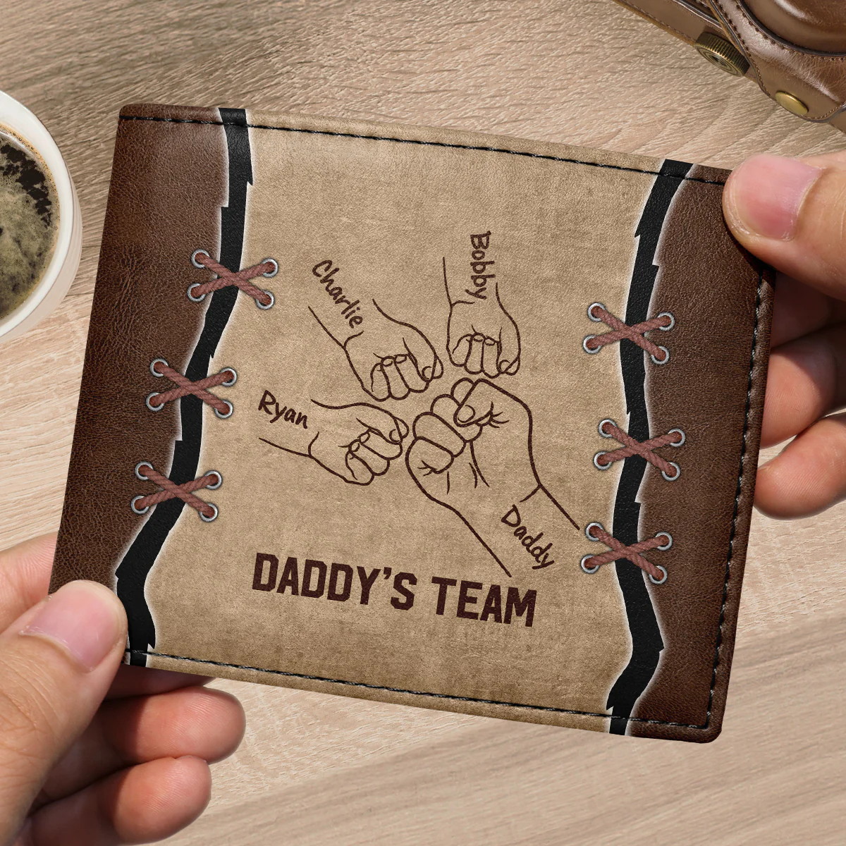 Daddy‘s Team Fist Bump Outline Gift For Dad Personalized Men’s Wallet - Image 3