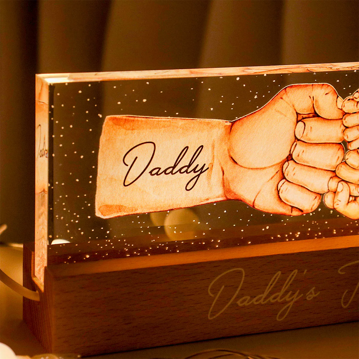 Daddy's Team Fist Bump - Personalized Acrylic Block Plaque LED Night Light - Gift For Dad, Gift For Husband, Gift For Grandpa - Image 3