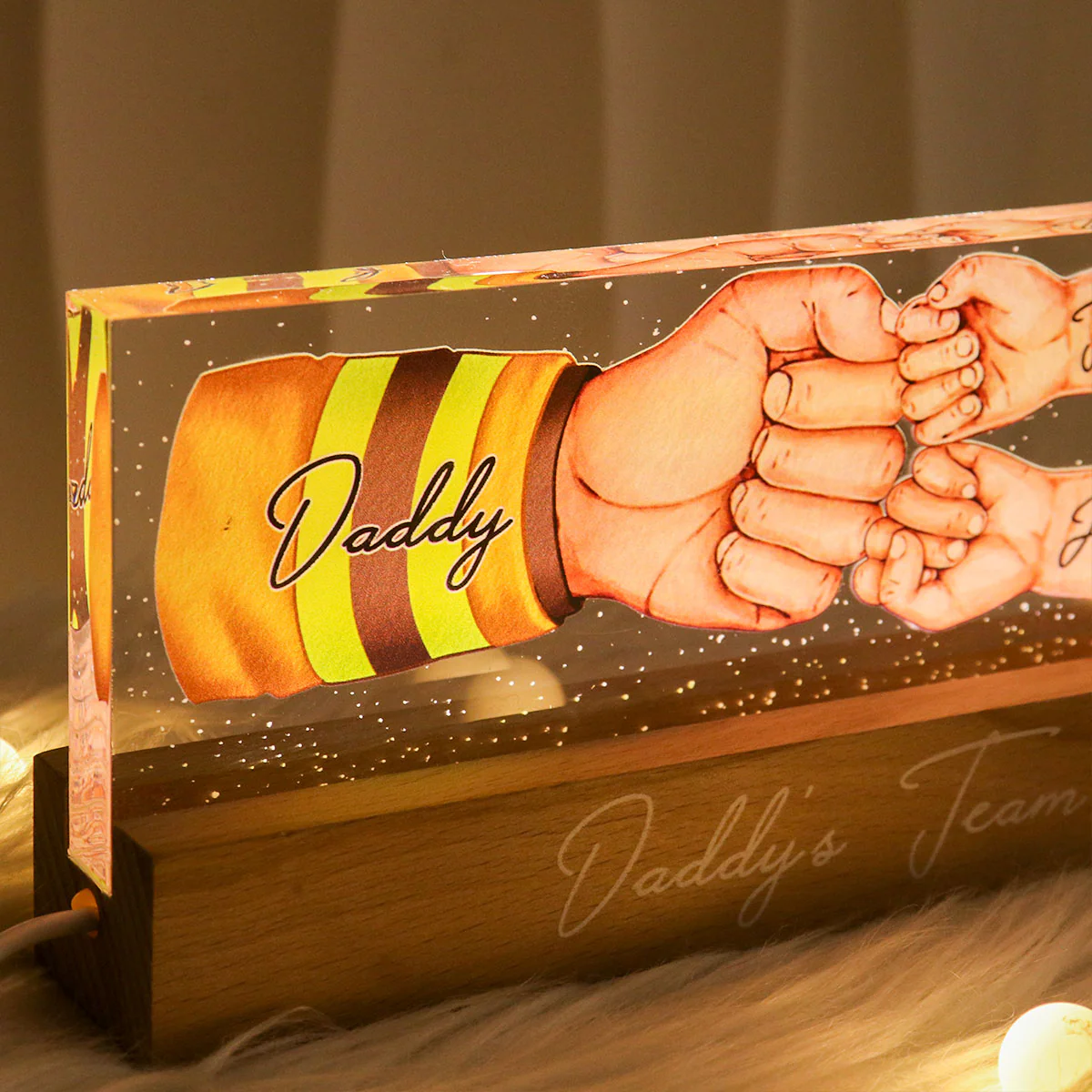 Daddy's Team Fist Bump - Personalized Acrylic Block Plaque LED Night Light - Gift For Dad, Gift For Husband, Gift For Grandpa - Image 4