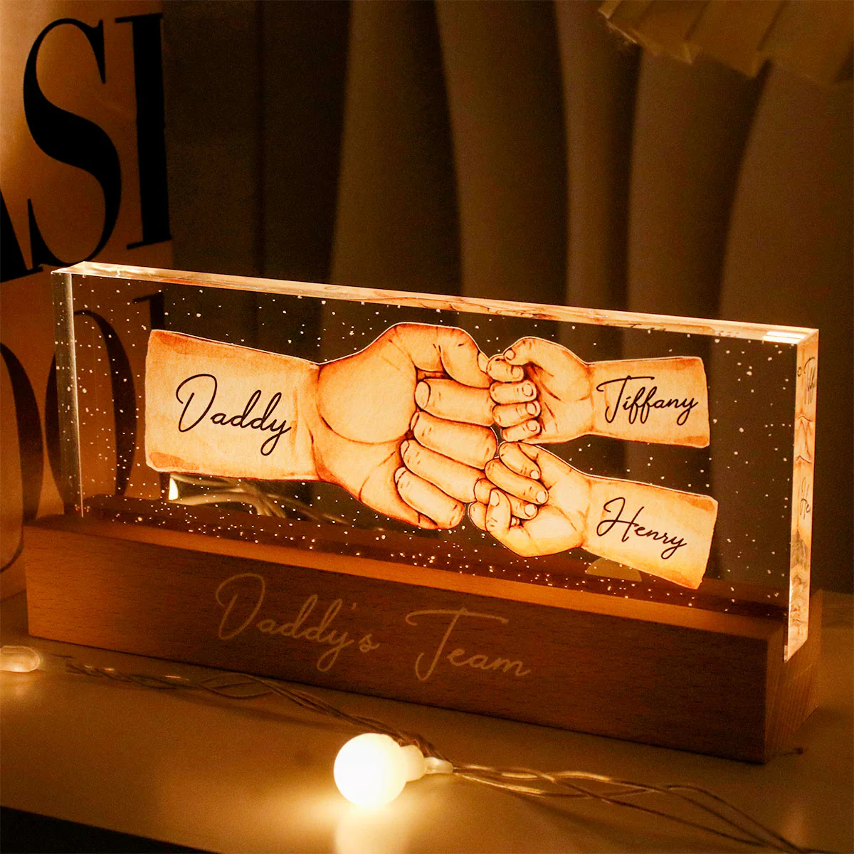 Daddy's Team Fist Bump - Personalized Acrylic Block Plaque LED Night Light - Gift For Dad, Gift For Husband, Gift For Grandpa - Image 6