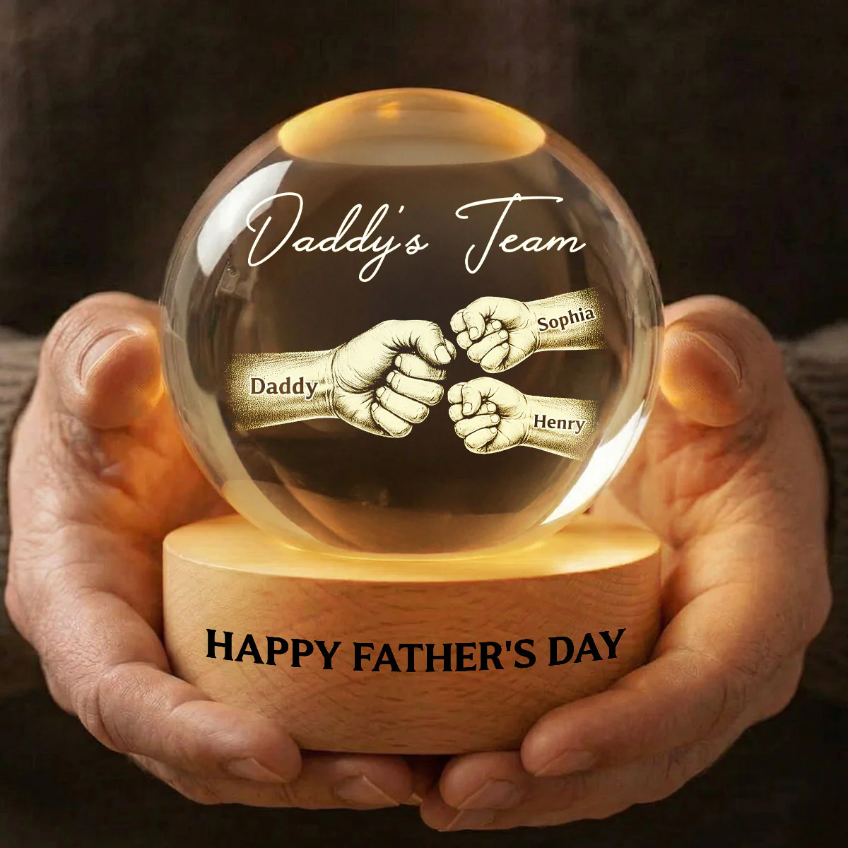 Daddy's Team Fist Bump - Personalized Crystal Ball LED Night Light - Gift For Dad, Husband - Image 3