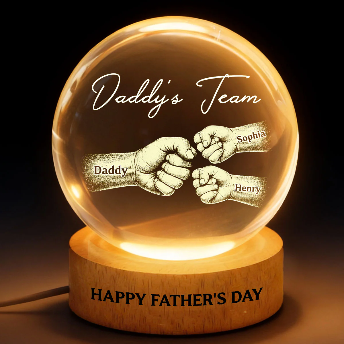 Daddy's Team Fist Bump - Personalized Crystal Ball LED Night Light - Gift For Dad, Husband - Image 5