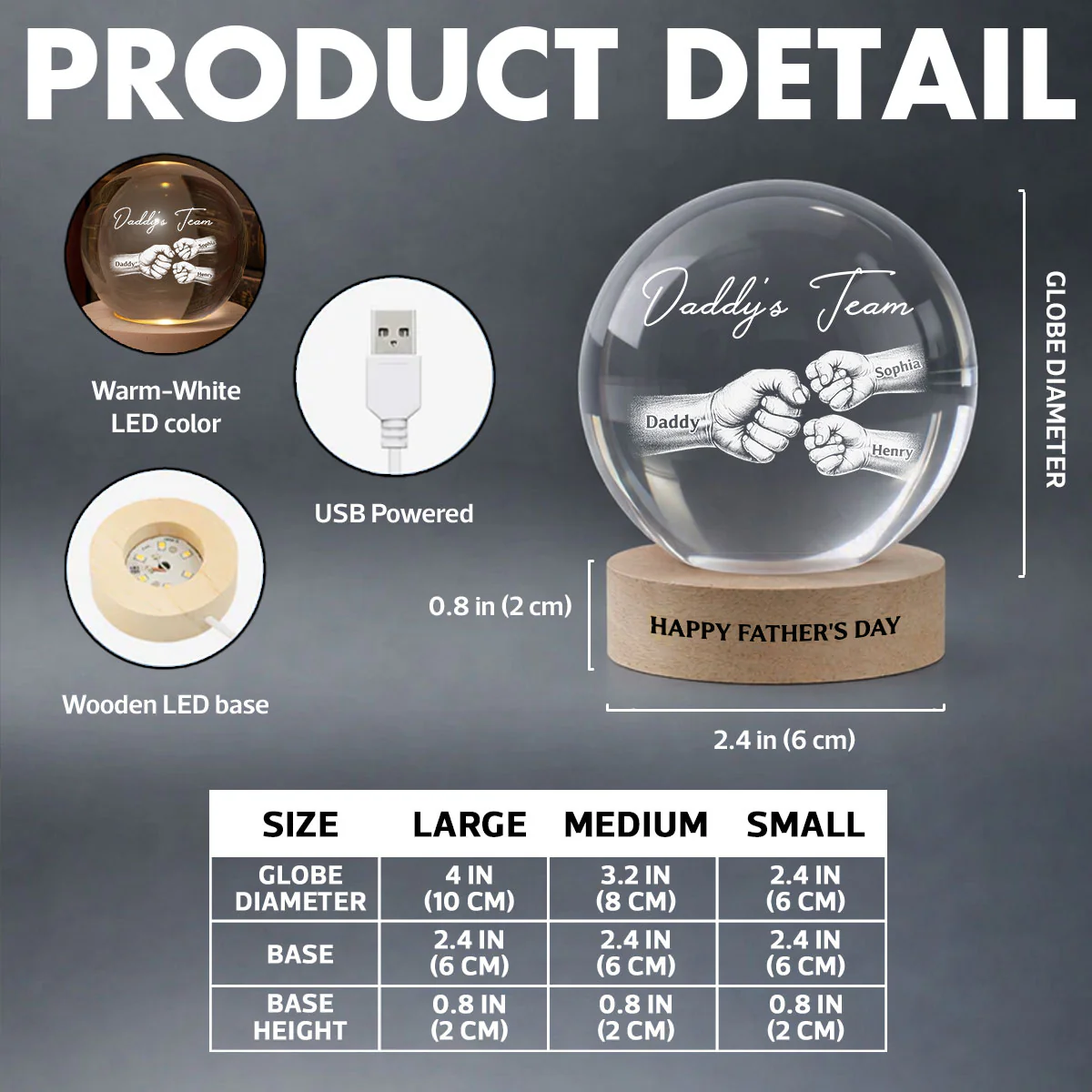 Daddy's Team Fist Bump - Personalized Crystal Ball LED Night Light - Gift For Dad, Husband - Image 6