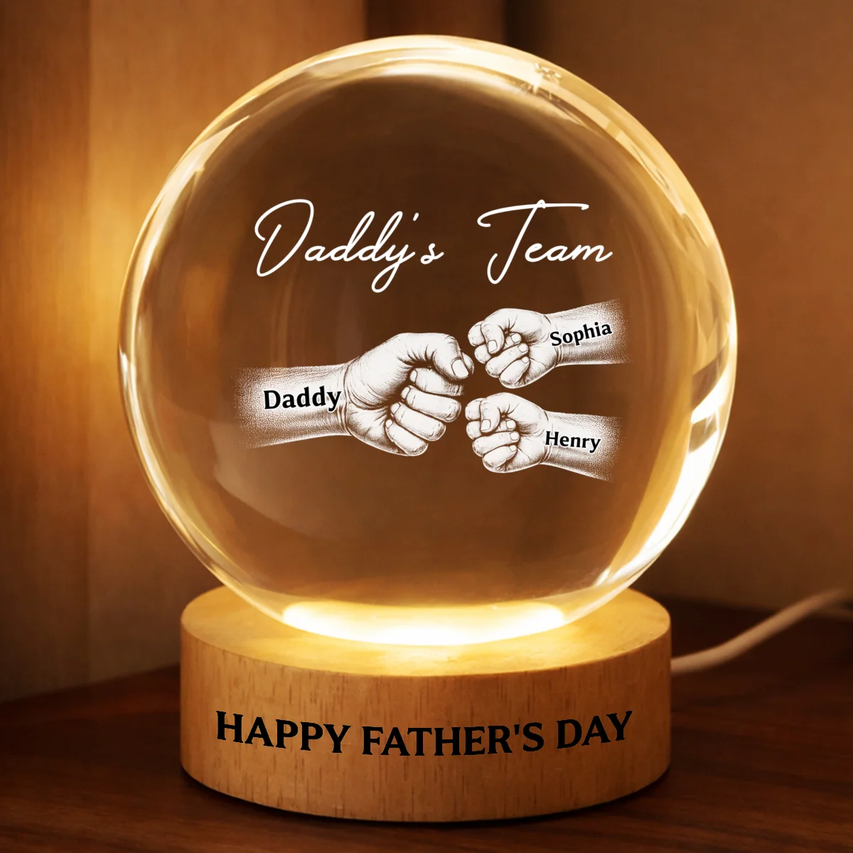 Daddy's Team Fist Bump - Personalized Crystal Ball LED Night Light - Gift For Dad, Husband - Image 8