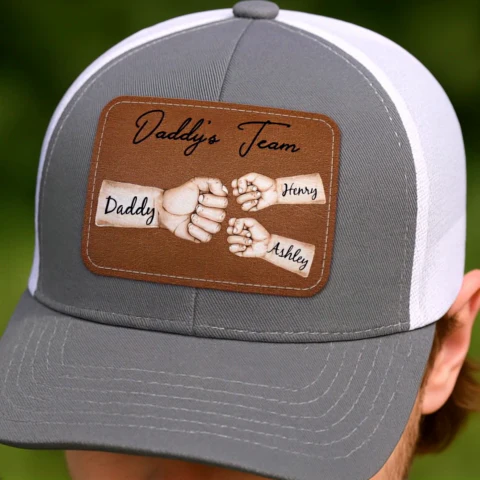 Daddy's Team Fist Bump Personalized Leather Patch Hat, Trucker Cap| Cool Father's Day Gift For Dad, Husband - Image 2