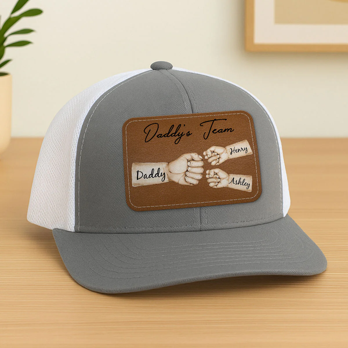 Daddy's Team Fist Bump Personalized Leather Patch Hat, Trucker Cap| Cool Father's Day Gift For Dad, Husband - Image 3