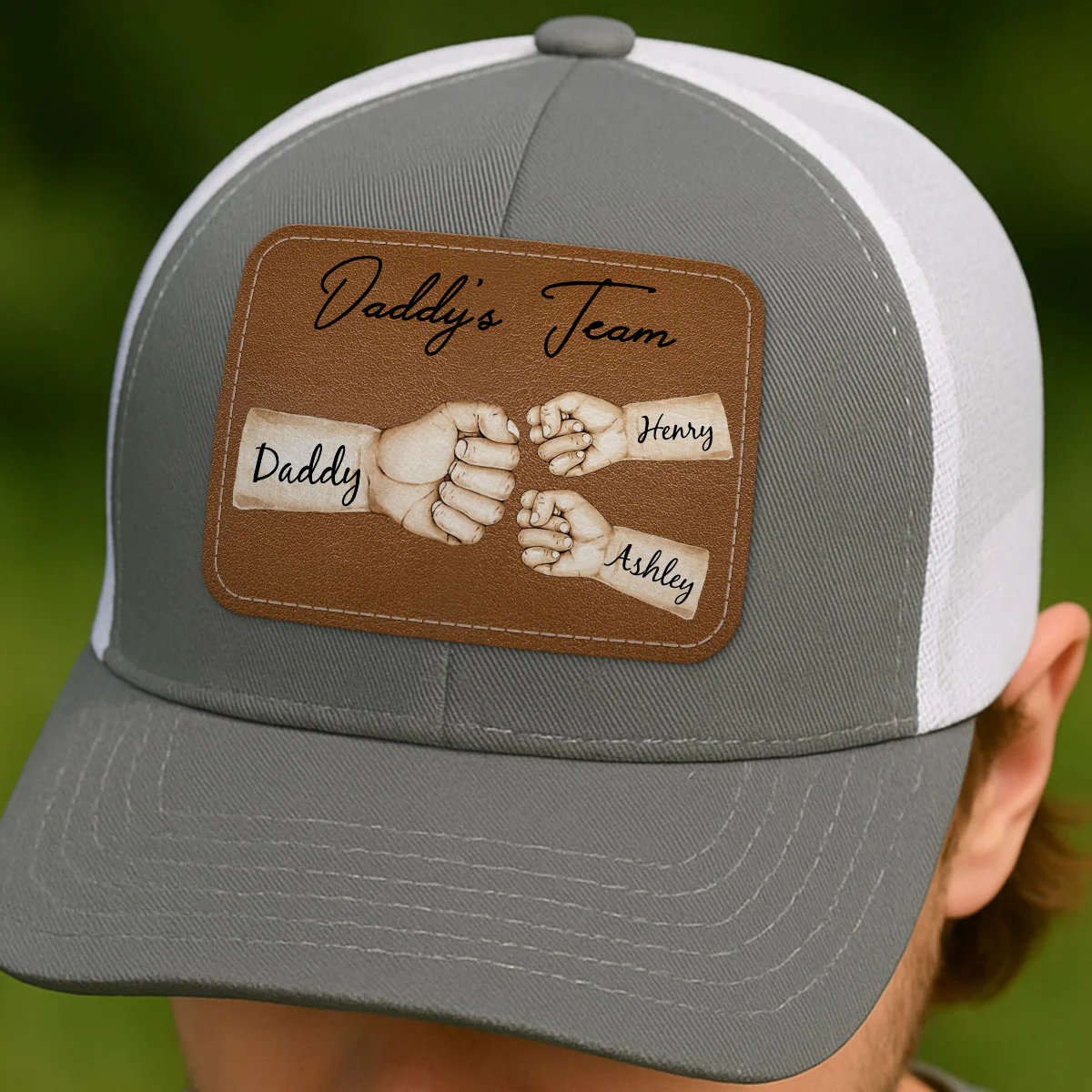 Daddy's Team Fist Bump Personalized Leather Patch Hat, Trucker Cap| Cool Father's Day Gift For Dad, Husband - Image 4