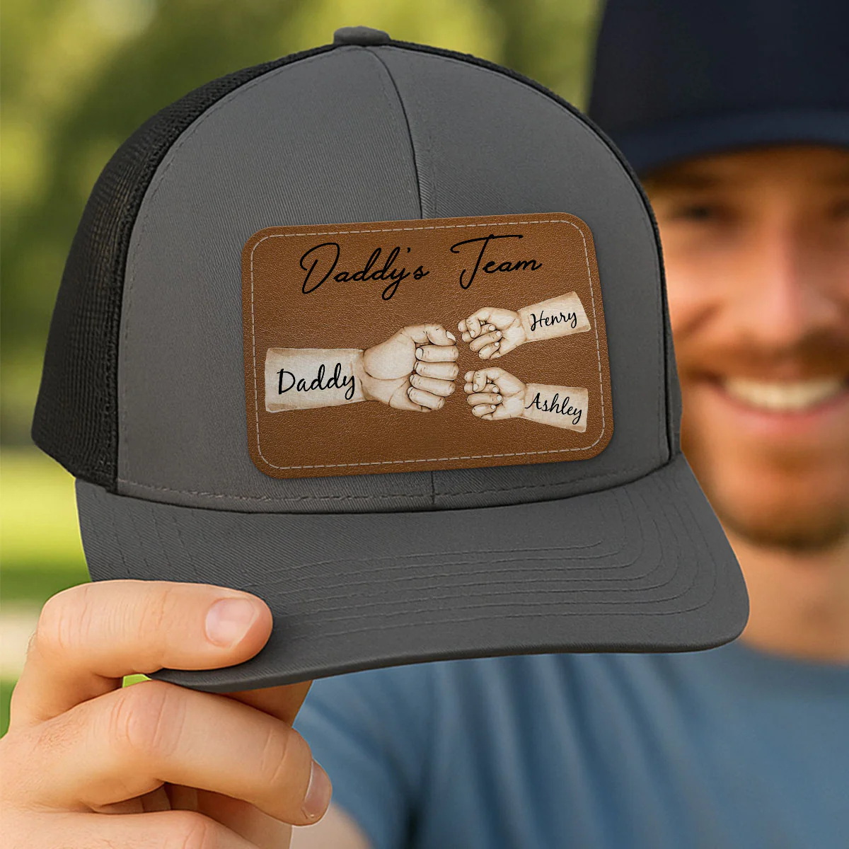 Daddy's Team Fist Bump Personalized Leather Patch Hat, Trucker Cap| Cool Father's Day Gift For Dad, Husband - Image 5