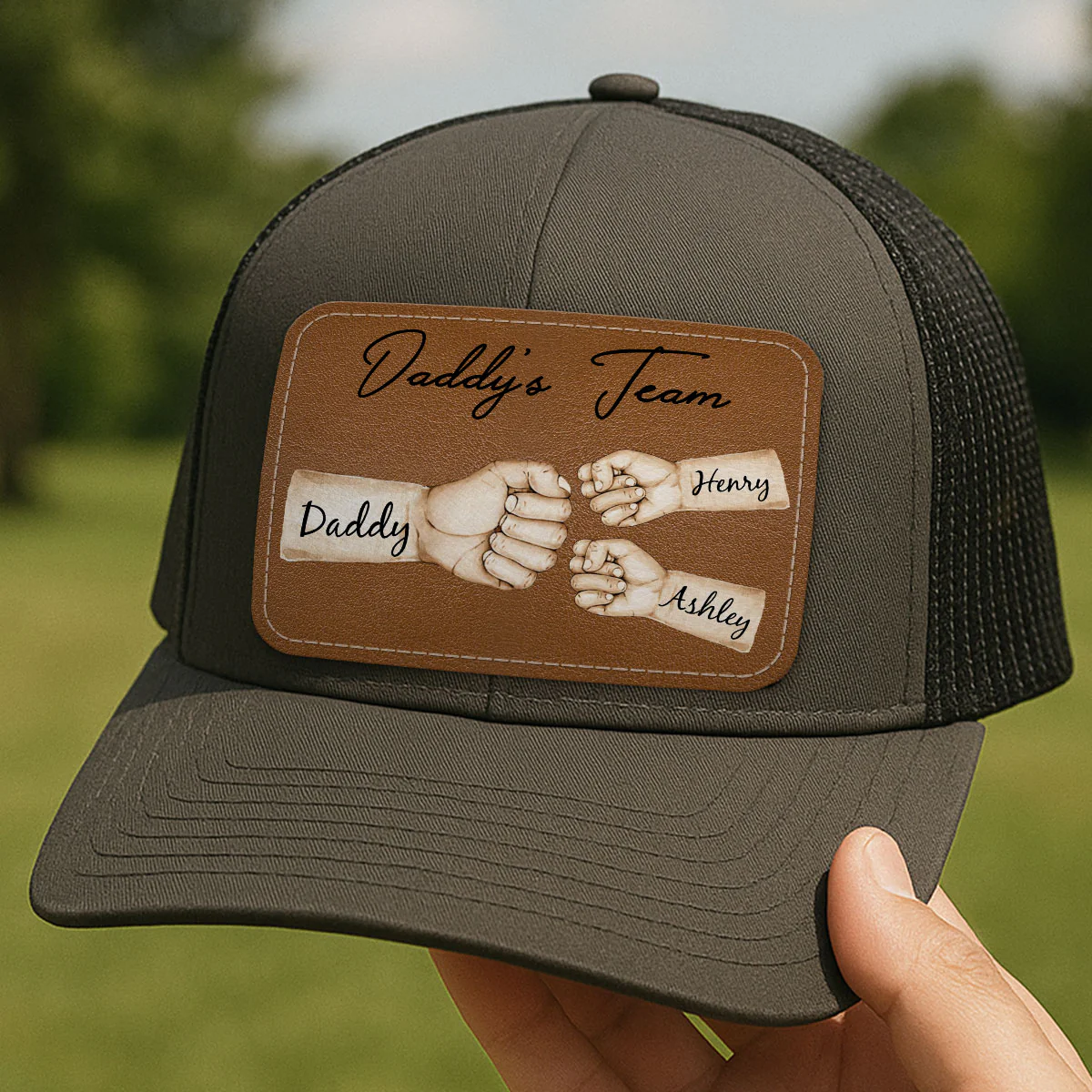 Daddy's Team Fist Bump Personalized Leather Patch Hat, Trucker Cap| Cool Father's Day Gift For Dad, Husband - Image 6