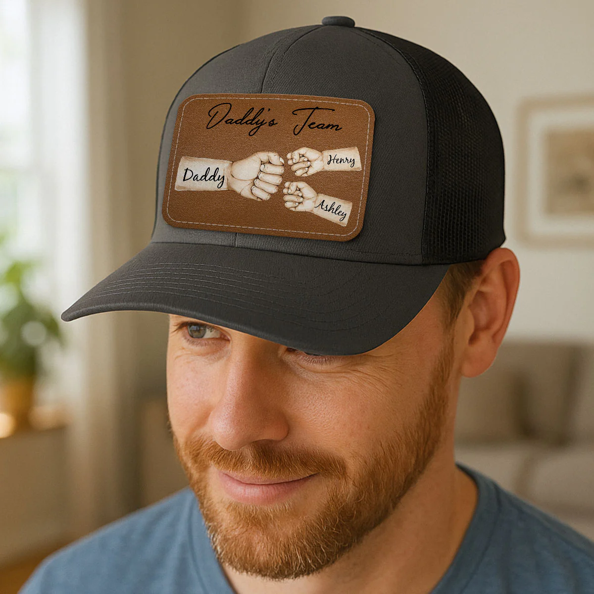 Daddy's Team Fist Bump Personalized Leather Patch Hat, Trucker Cap| Cool Father's Day Gift For Dad, Husband - Image 7
