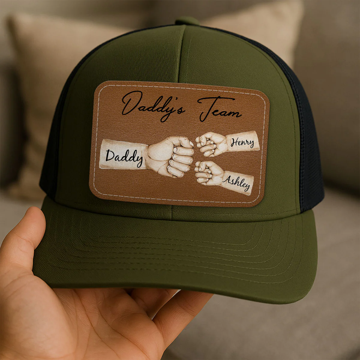 Daddy's Team Fist Bump Personalized Leather Patch Hat, Trucker Cap| Cool Father's Day Gift For Dad, Husband - Image 8