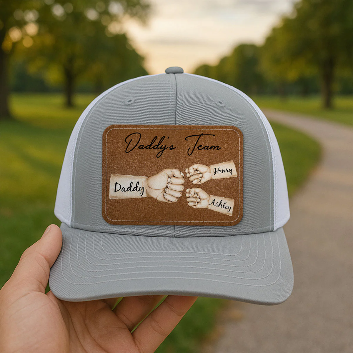 Daddy's Team Fist Bump Personalized Leather Patch Hat, Trucker Cap| Cool Father's Day Gift For Dad, Husband - Image 9