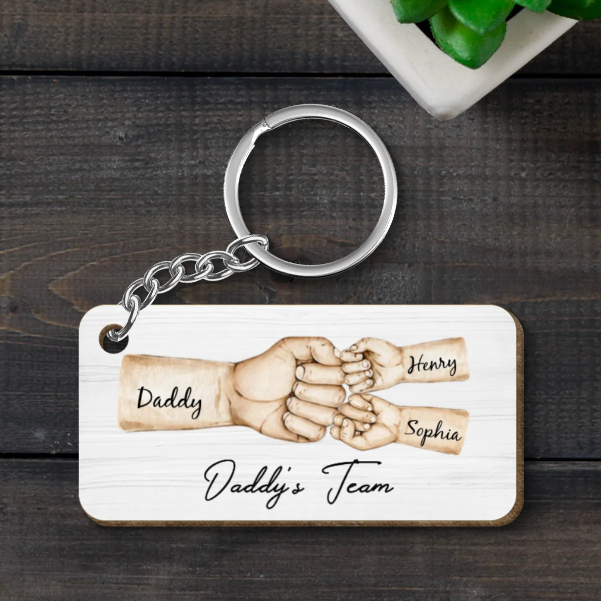 Daddy's Team Fist Bump Personalized Wooden Keychain, Father's Day Gift For Dad, For Grandpa, For Husband - Image 8