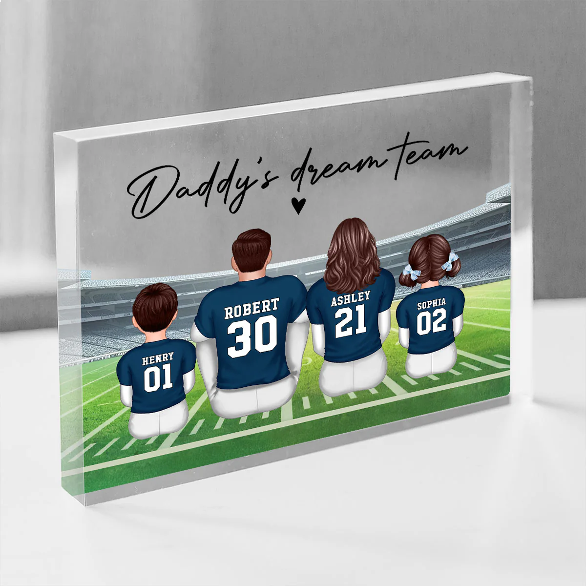 Daddy's Team Football Family Sitting Back View Personalized Acrylic Block, Gift - Image 2