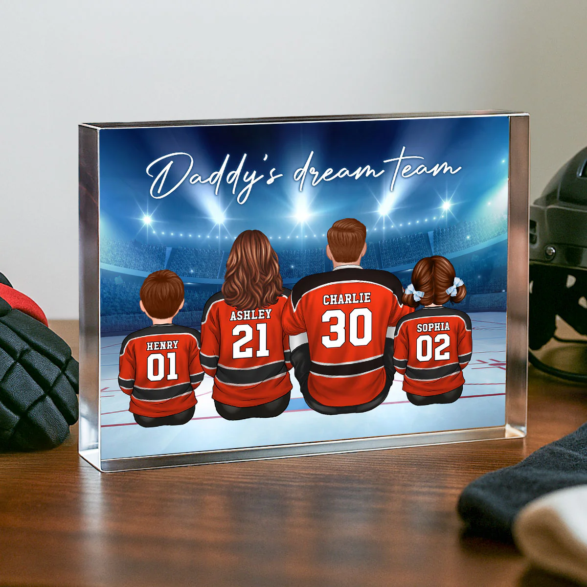Daddy's Team Hockey Family Sitting Personalized Acrylic Block, Unique Gift for Dad, Gift for Husband