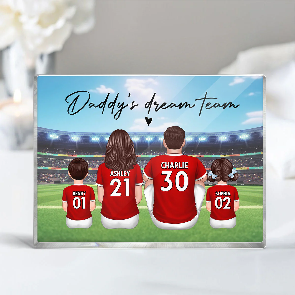 Daddy's Team Soccer Family Sitting Back View Personalized Acrylic Block, Gift