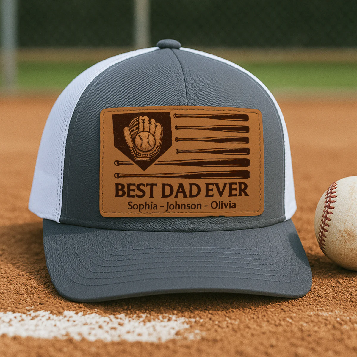 Dad's Home Run Best Dad Ever Baseball Themed Personalized Leather Patch Hat