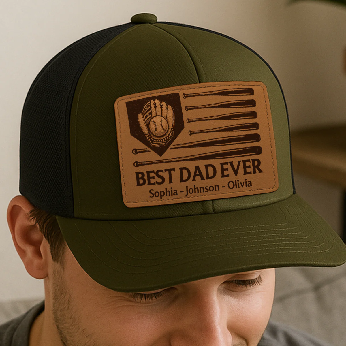 Dad's Home Run Best Dad Ever Baseball Themed Personalized Leather Patch Hat - Image 6