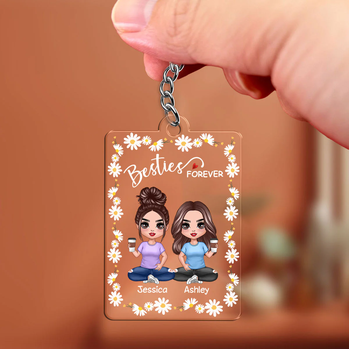Daisy Flower Frame Doll Besties Sisters Sitting Personalized Acrylic Keychain