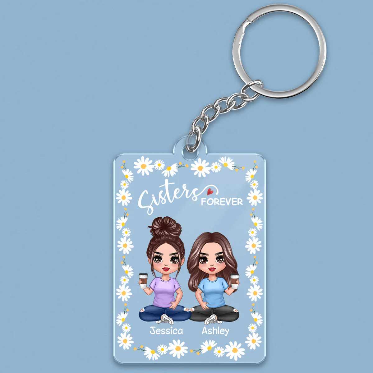 Daisy Flower Frame Doll Besties Sisters Sitting Personalized Acrylic Keychain - Image 2