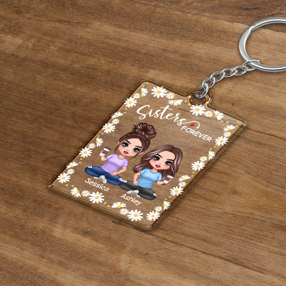 Daisy Flower Frame Doll Besties Sisters Sitting Personalized Acrylic Keychain - Image 3