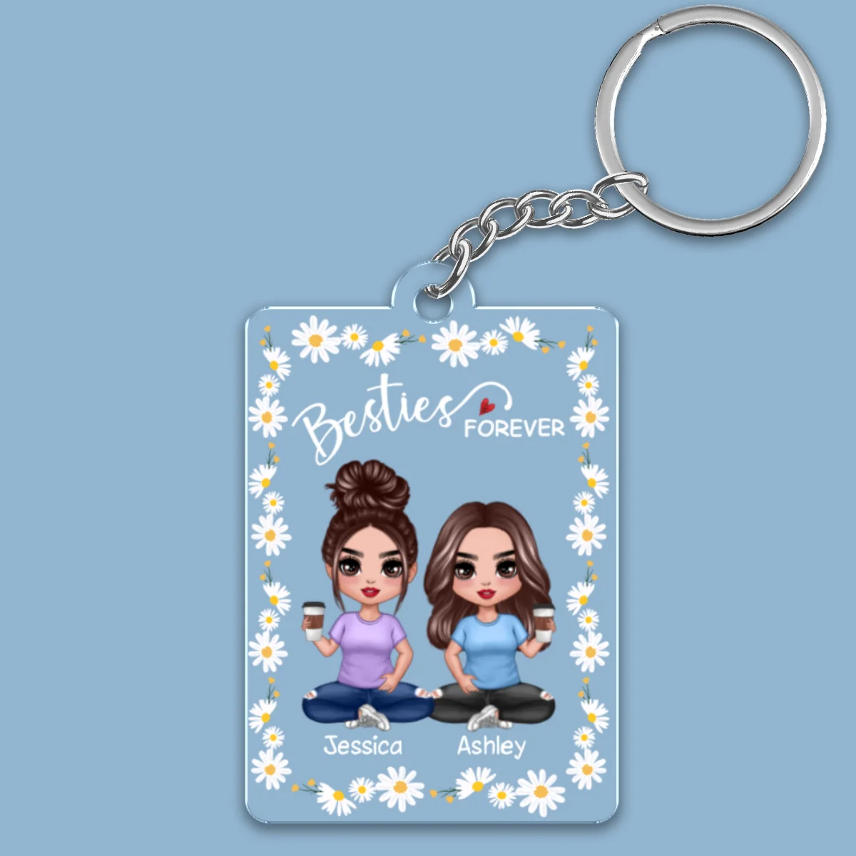 Daisy Flower Frame Doll Besties Sisters Sitting Personalized Acrylic Keychain - Image 4