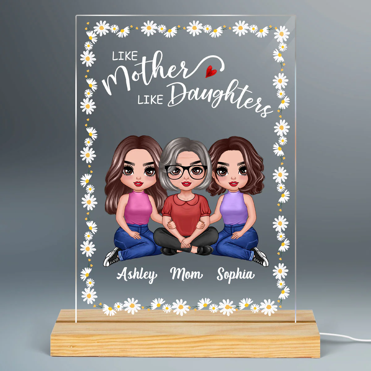 Daisy Flower Frame Embracing Doll Mom Daughters Sitting Like Mother Like Daughter Personalized Rectangle Acrylic Plaque LED Night Light - Image 2