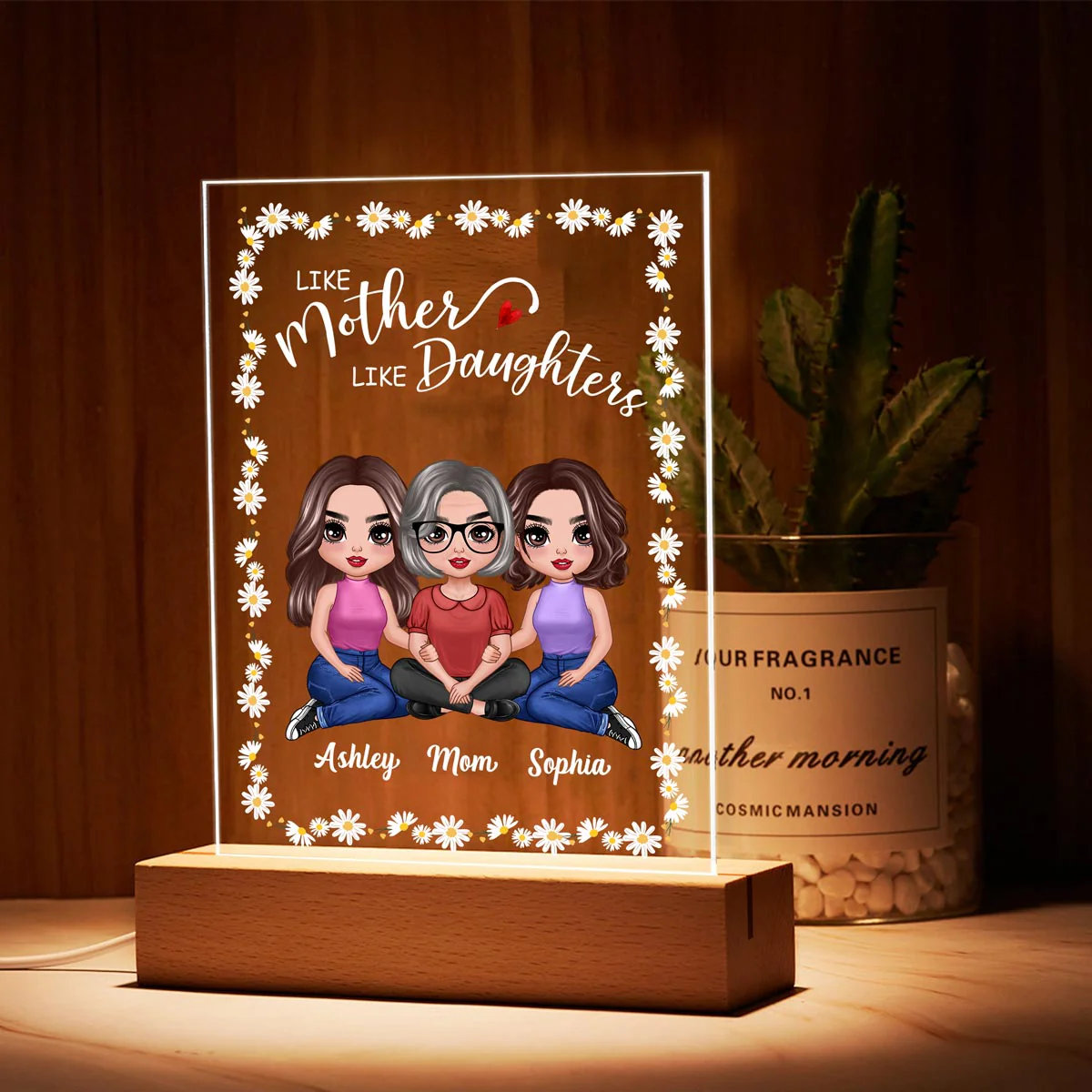 Daisy Flower Frame Embracing Doll Mom Daughters Sitting Like Mother Like Daughter Personalized Rectangle Acrylic Plaque LED Night Light - Image 3