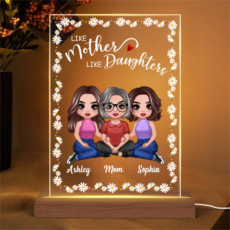 Daisy Flower Frame Embracing Doll Mom Daughters Sitting Like Mother Like Daughter Personalized Rectangle Acrylic Plaque LED Night Light - Image 4