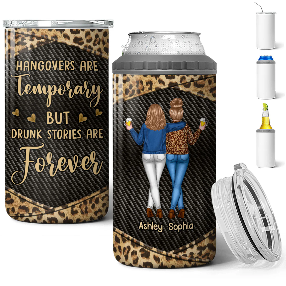 Dark Color Back View Besties Leopard Personalized 4 In 1 Can Cooler