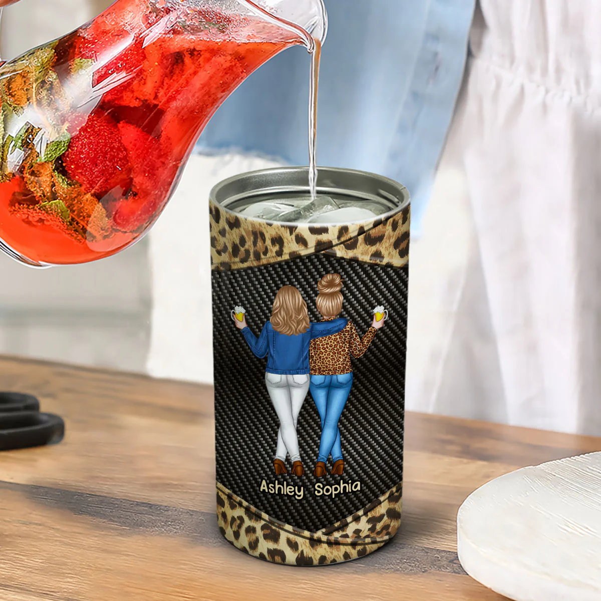 Dark Color Back View Besties Leopard Personalized 4 In 1 Can Cooler - Image 4