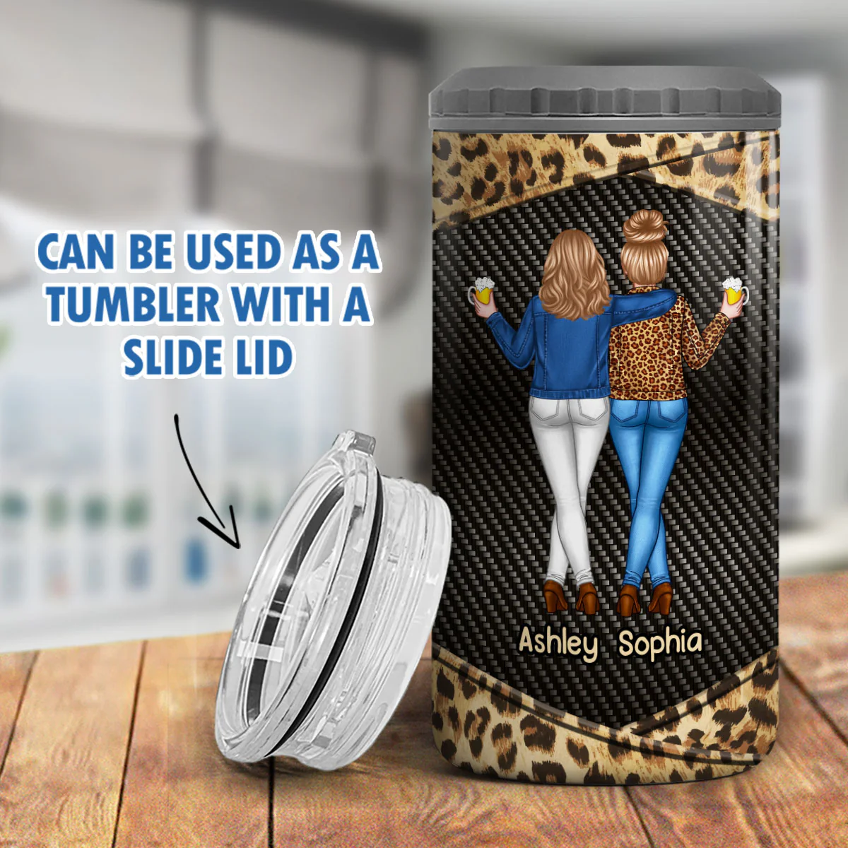 Dark Color Back View Besties Leopard Personalized 4 In 1 Can Cooler - Image 7