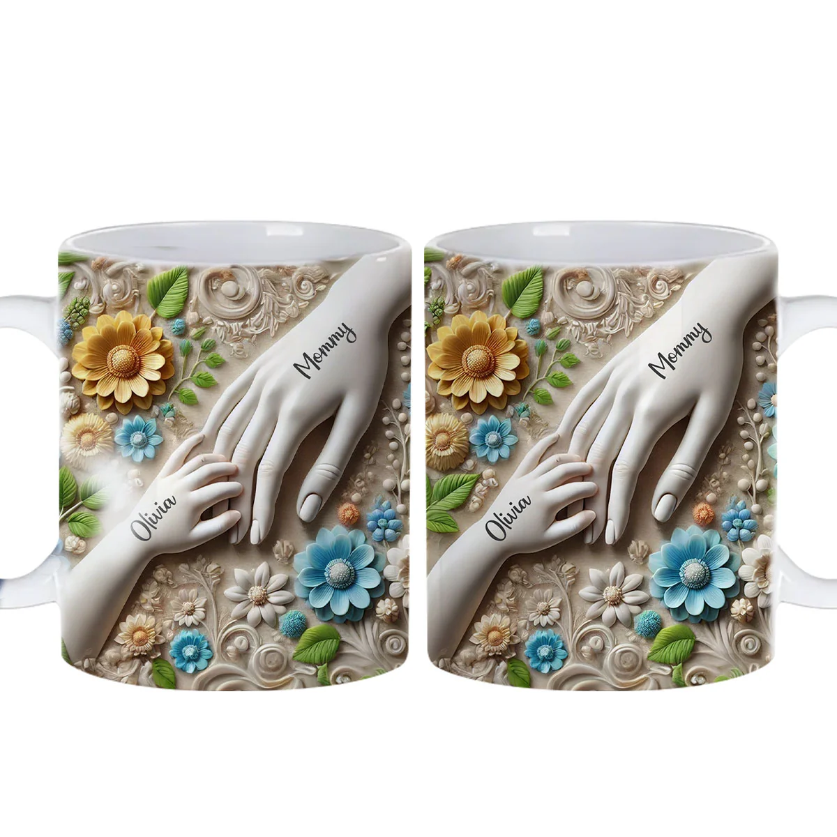 Daughter Son Holding Mother Hand Personalized 3D Effect Mug, Gift for Mom, Grandma - Image 3